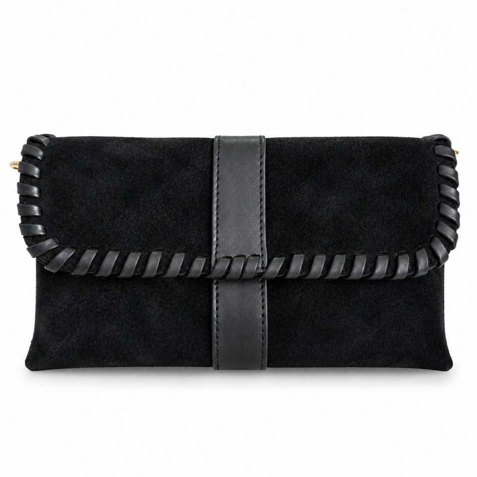 358-1  Kadın Clutch Siyah Süet Hakiki Deri