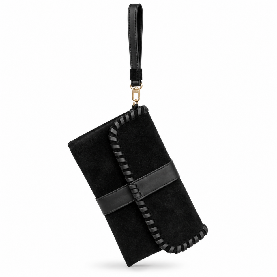 358-1  Kadın Clutch Siyah Süet Hakiki Deri